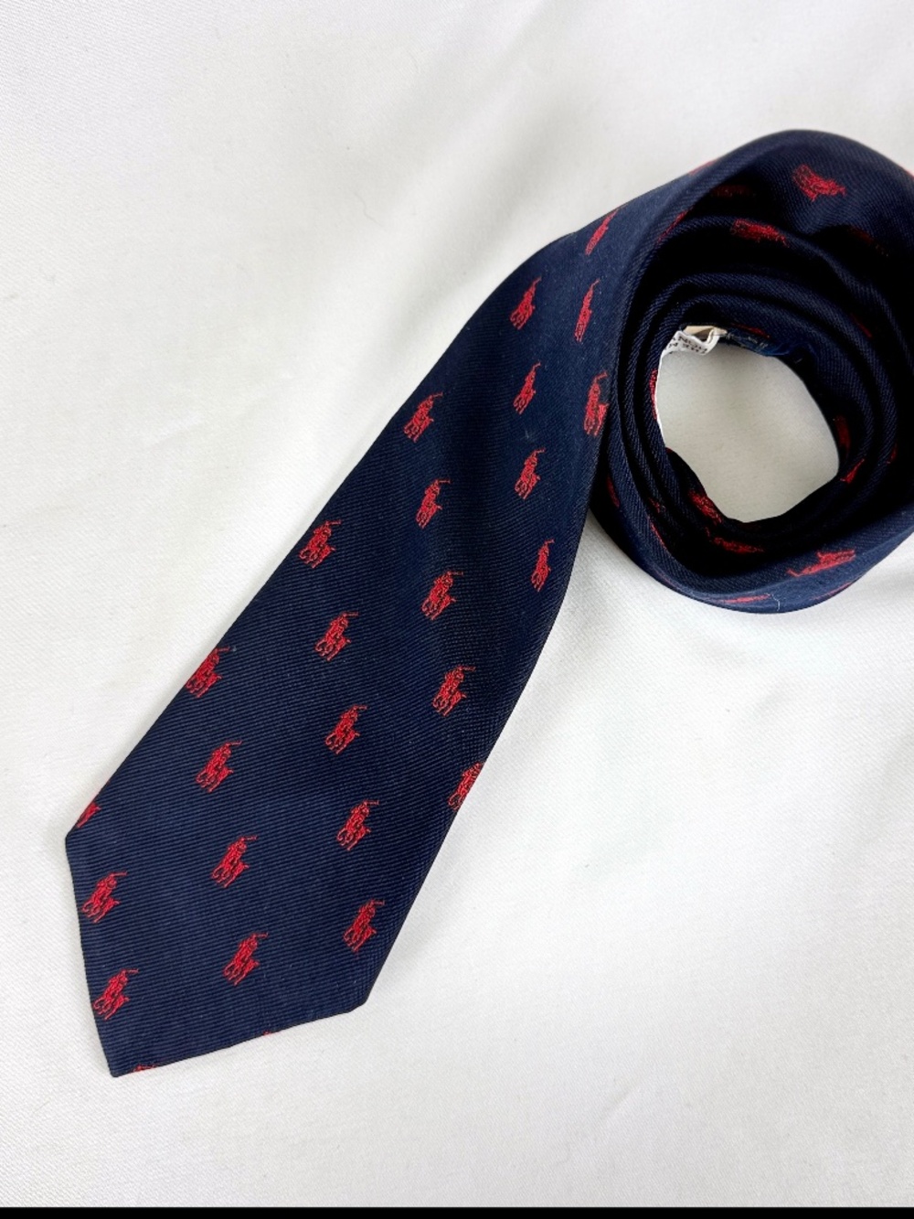 Bonwit Teller 1980s Polo Ralph Lauren Silk Tie Red Polo Players on Navy Blue